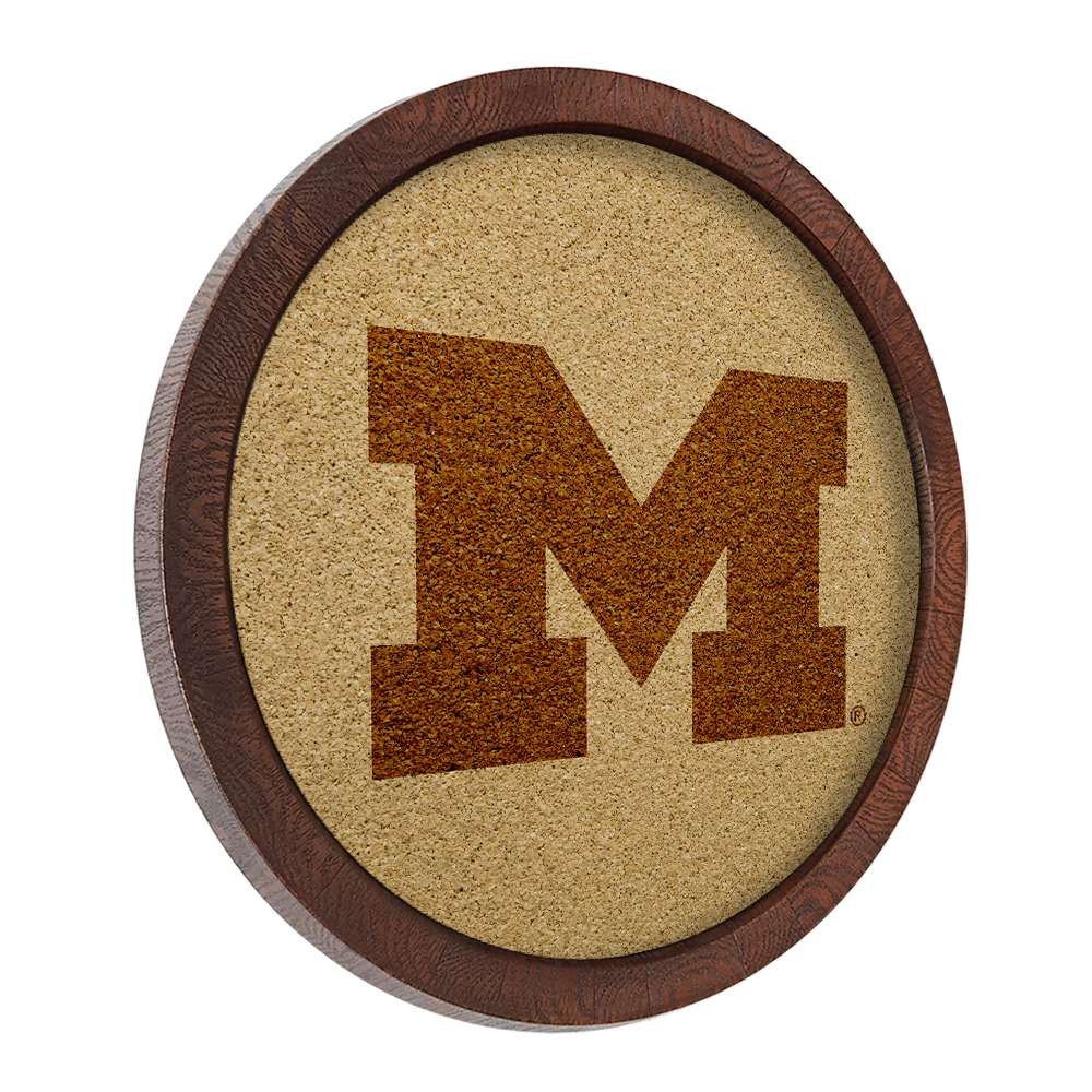 Michigan Wolverines Faux Barrel Framed Cork Board - Monochrome Logo