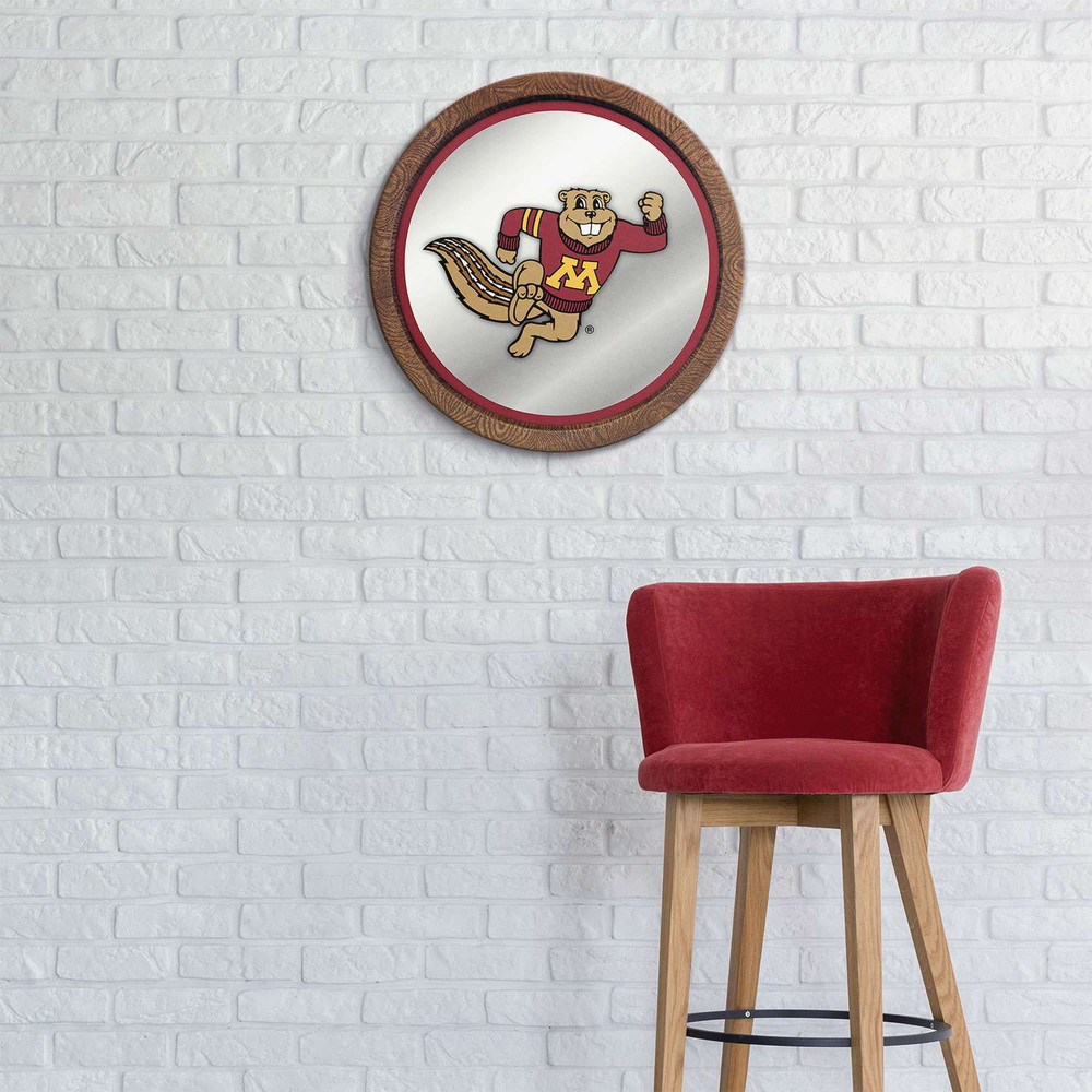 Minnesota Golden Gophers Mascot - Faux Barrel Top Mirrored Wall Sign - Maroon Edge