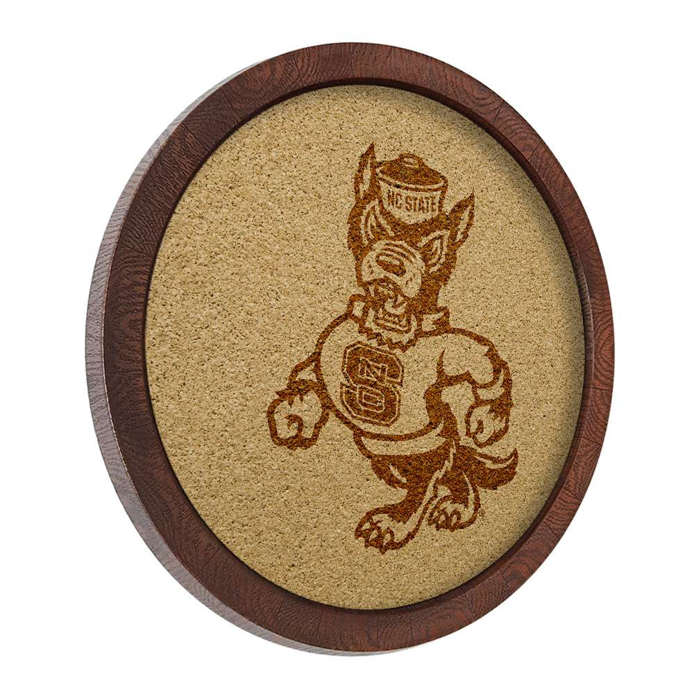 NC State Wolfpack Mascot - Faux Barrel Framed Cork Board - Monochrome Logo