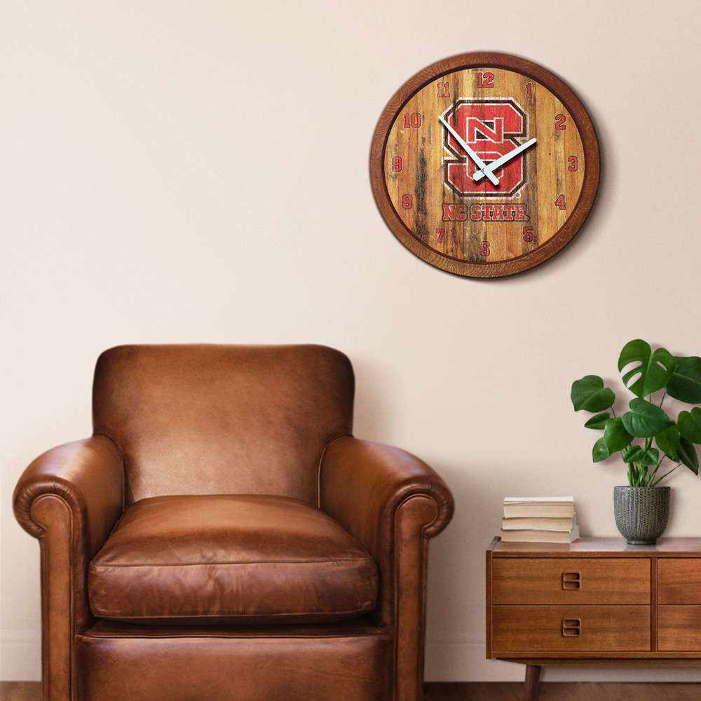 NC State Wolfpack Weathered Faux Barrel Top Wall Clock