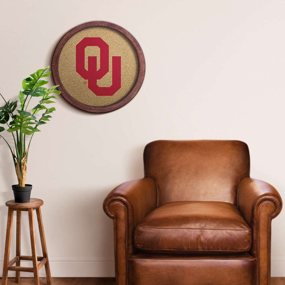 Oklahoma Sooners Faux Barrel Framed Cork Board - Color Logo