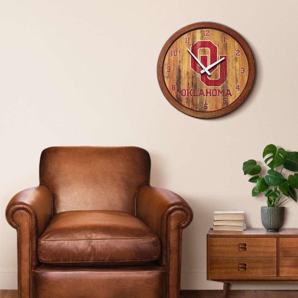 Oklahoma Sooners Weathered Faux Barrel Top Wall Clock