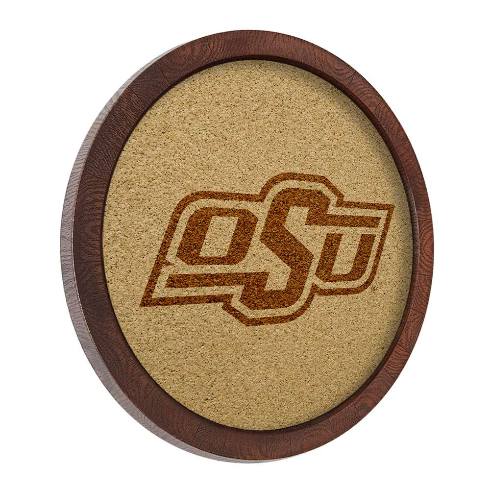 Oklahoma State Cowboys Faux Barrel Framed Cork Board - Monochrome Logo