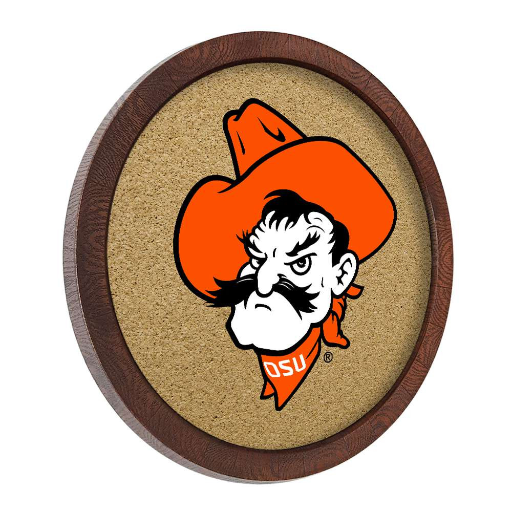 Oklahoma State Cowboys Mascot - Faux Barrel Framed Cork Board - Color Logo