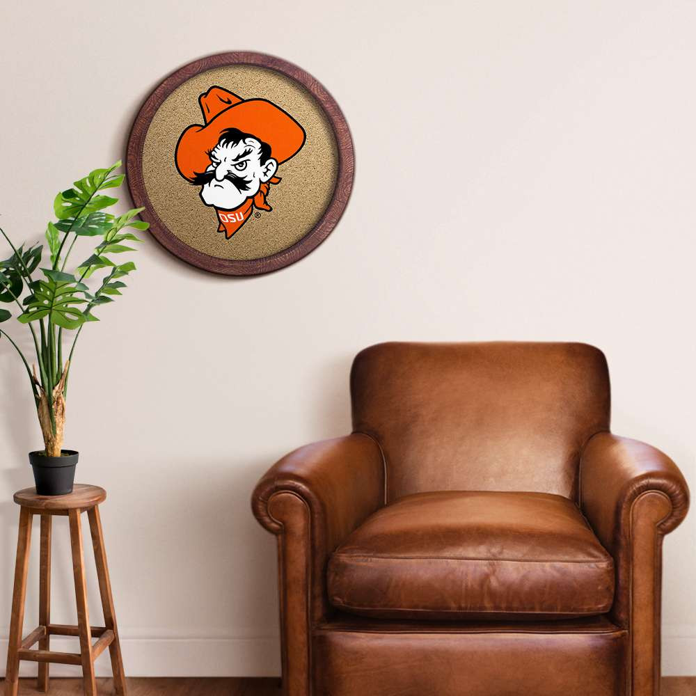 Oklahoma State Cowboys Mascot - Faux Barrel Framed Cork Board - Color Logo