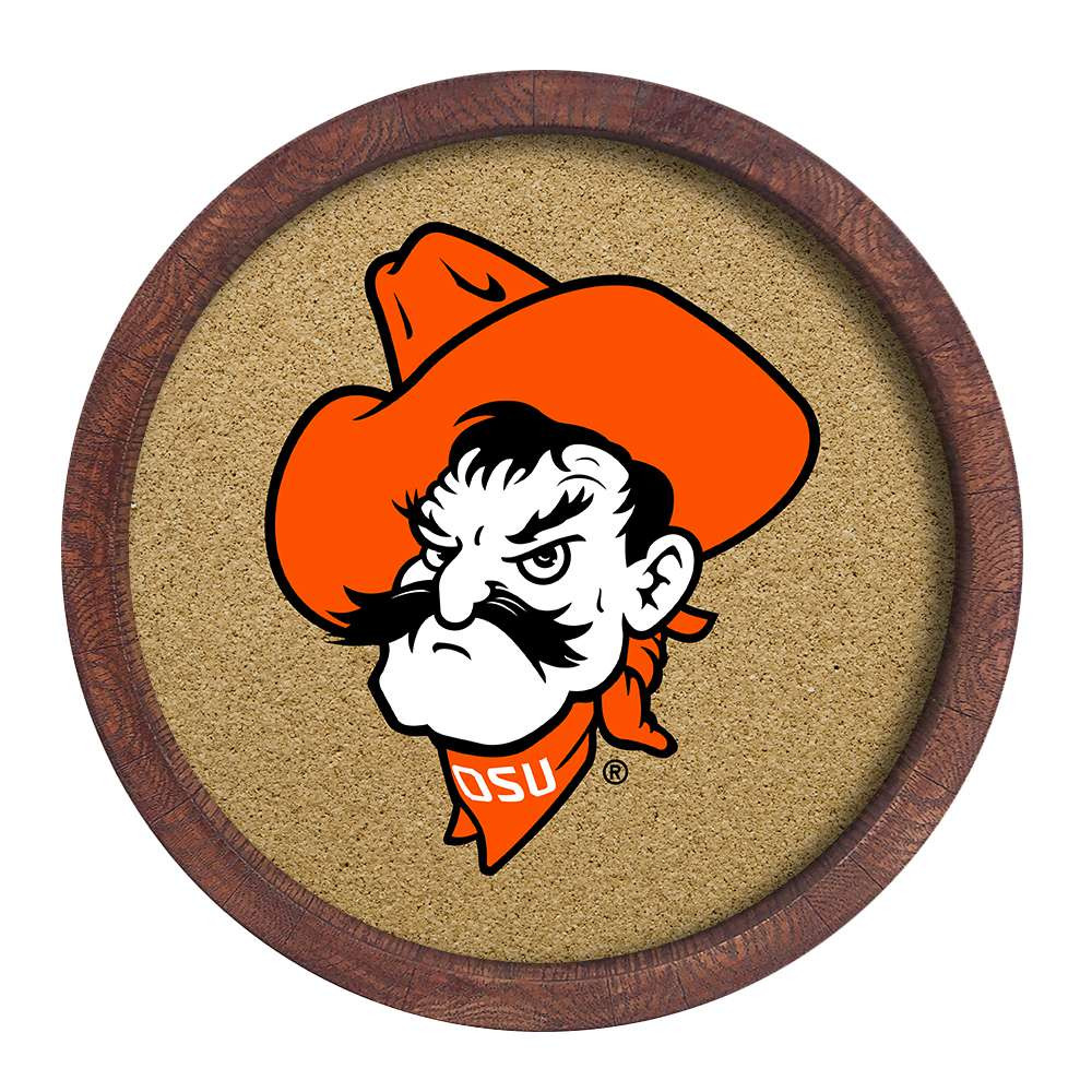 Oklahoma State Cowboys Mascot - Faux Barrel Framed Cork Board - Color Logo | The Fan-Brand | NCOKST-632-02A
