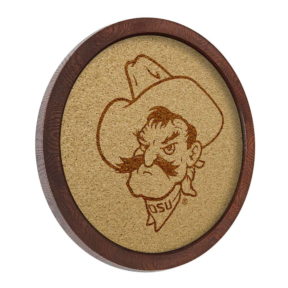 Oklahoma State Cowboys Mascot - Faux Barrel Framed Cork Board - Monochrome Logo