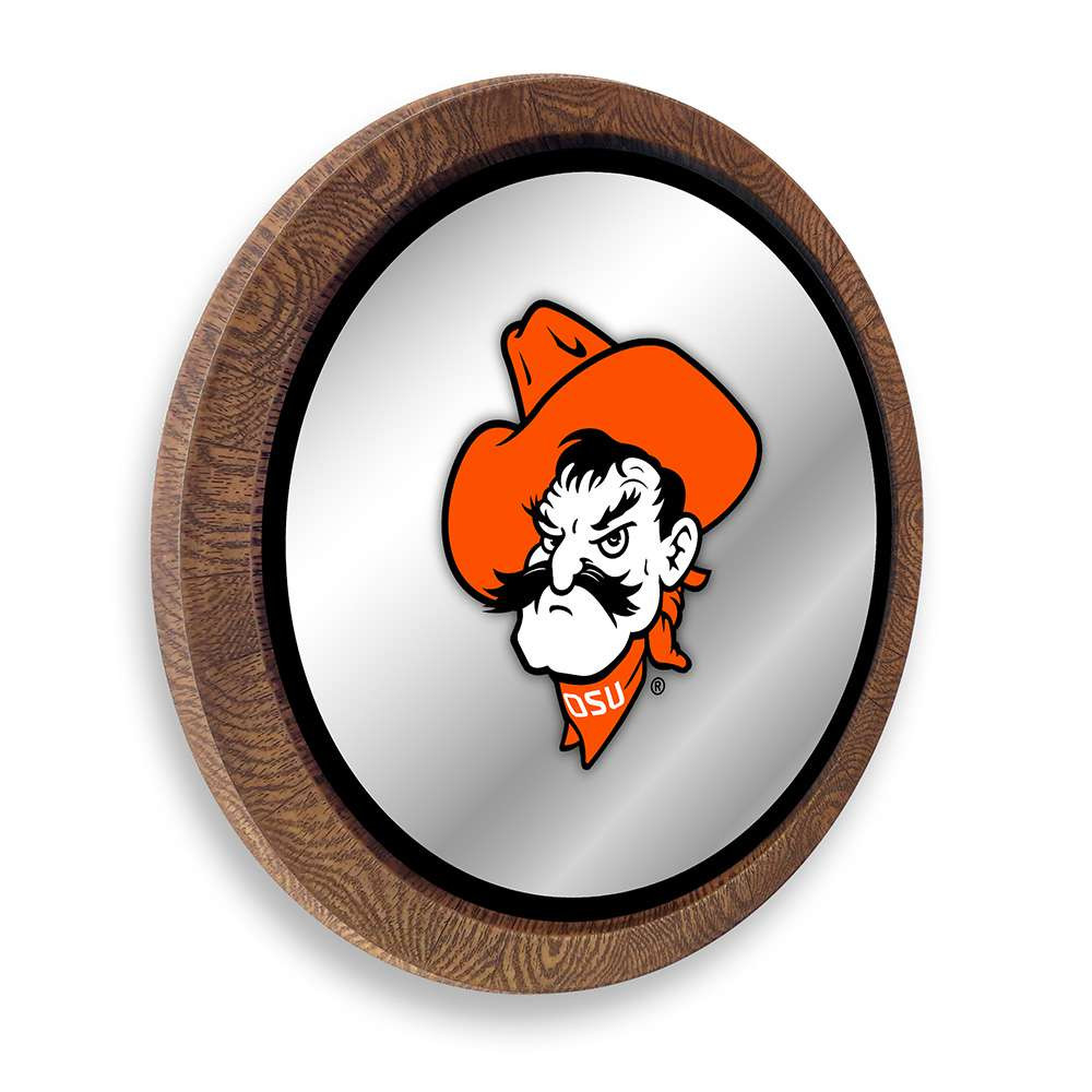 Oklahoma State Cowboys Mascot - Faux Barrel Top Mirrored Wall Sign - Black Edge