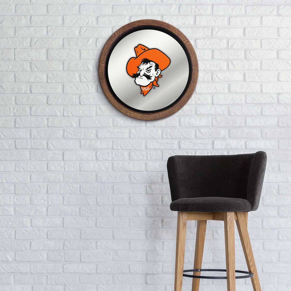 Oklahoma State Cowboys Mascot - Faux Barrel Top Mirrored Wall Sign - Black Edge