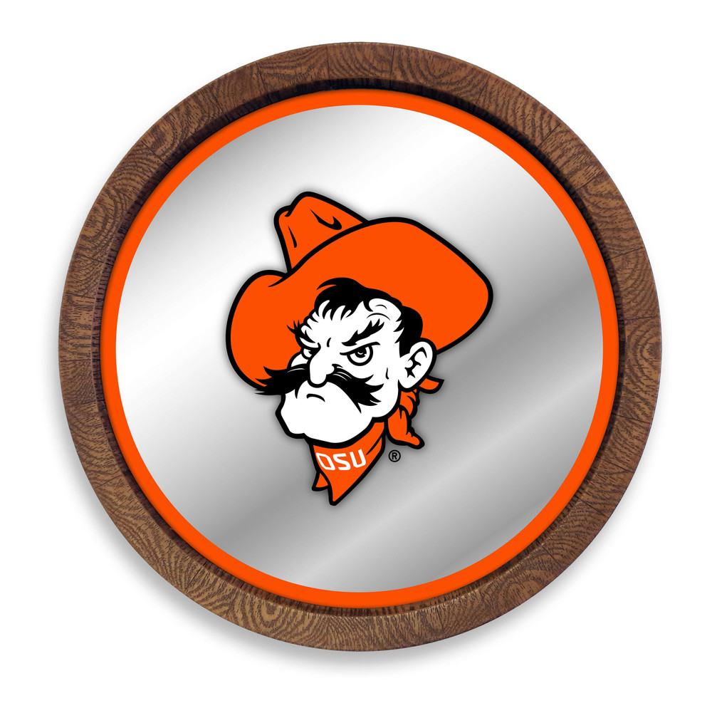 Oklahoma State Cowboys Mascot - Faux Barrel Top Mirrored Wall Sign - Orange Edge | The Fan-Brand | NCOKST-245-02B