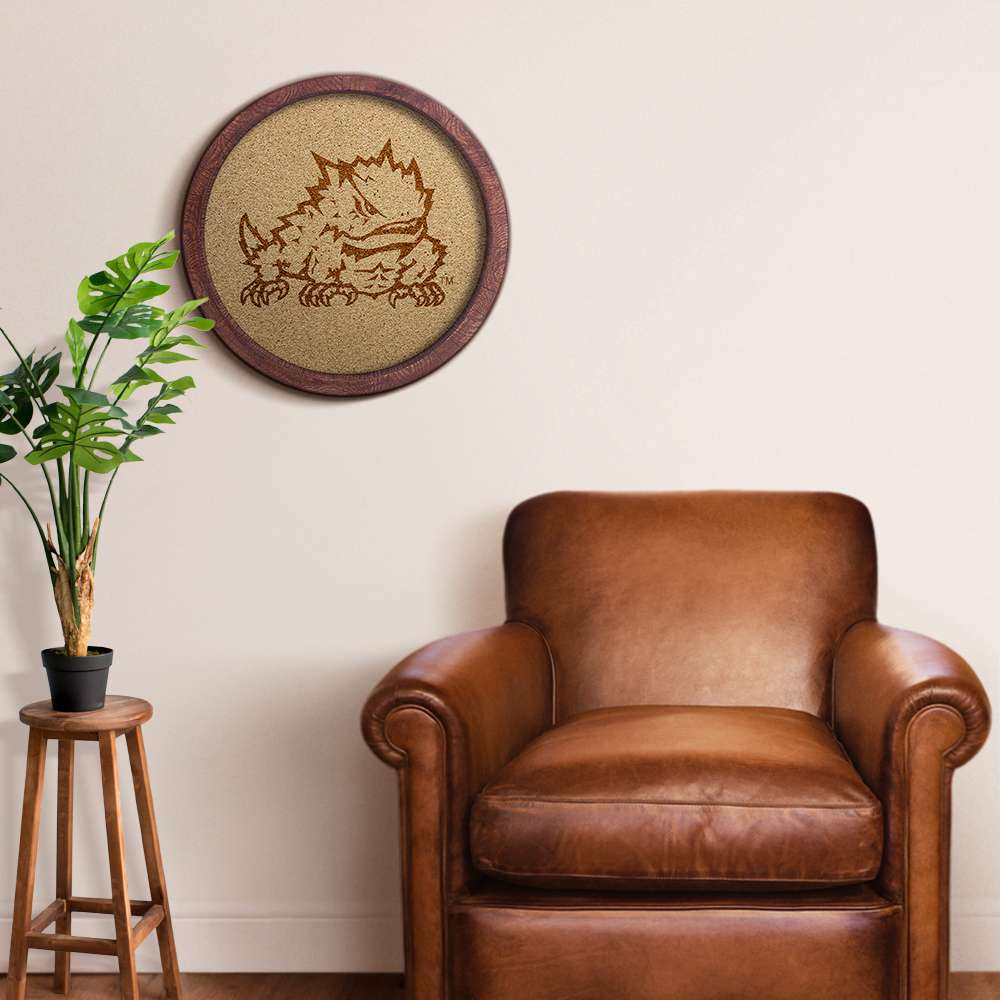 TCU Horned Frogs Mascot - Faux Barrel Framed Cork Board - Monochrome Logo