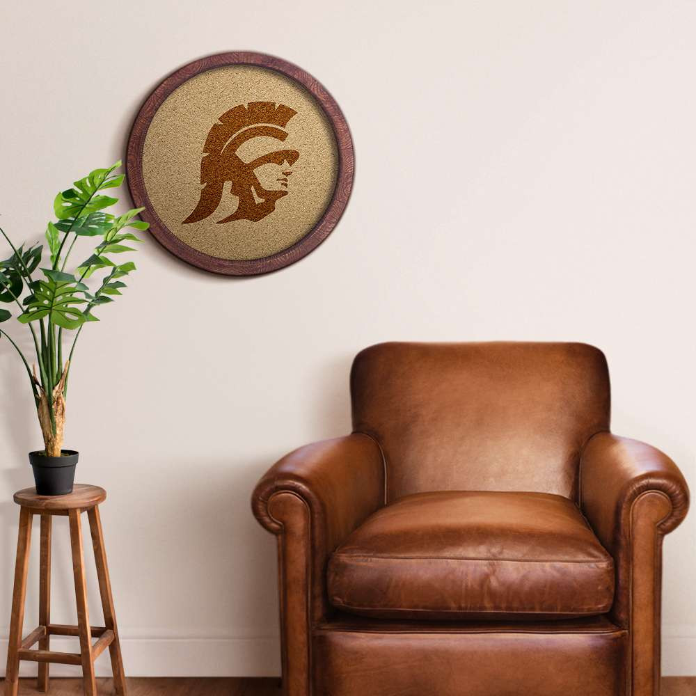 USC Trojans Mascot - Faux Barrel Framed Cork Board - Monochrome Logo