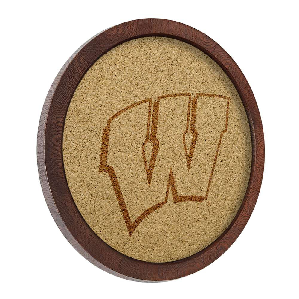 Wisconsin Badgers Faux Barrel Framed Cork Board - Monochrome Logo