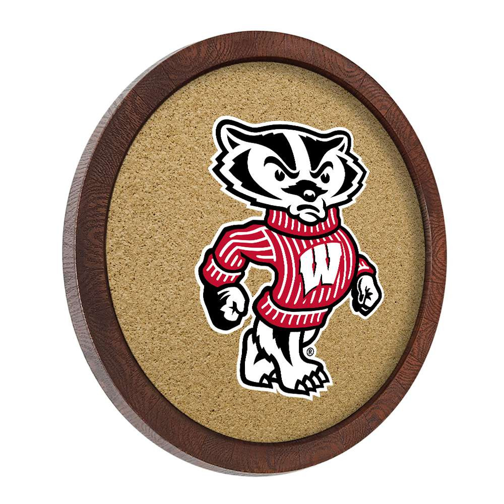 Wisconsin Badgers Mascot - Faux Barrel Framed Cork Board - Color Logo