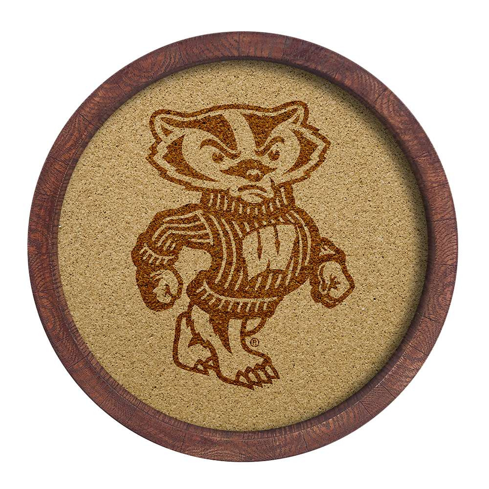 Wisconsin Badgers Mascot - Faux Barrel Framed Cork Board - Monochrome Logo | The Fan-Brand | NCWISB-632-02B