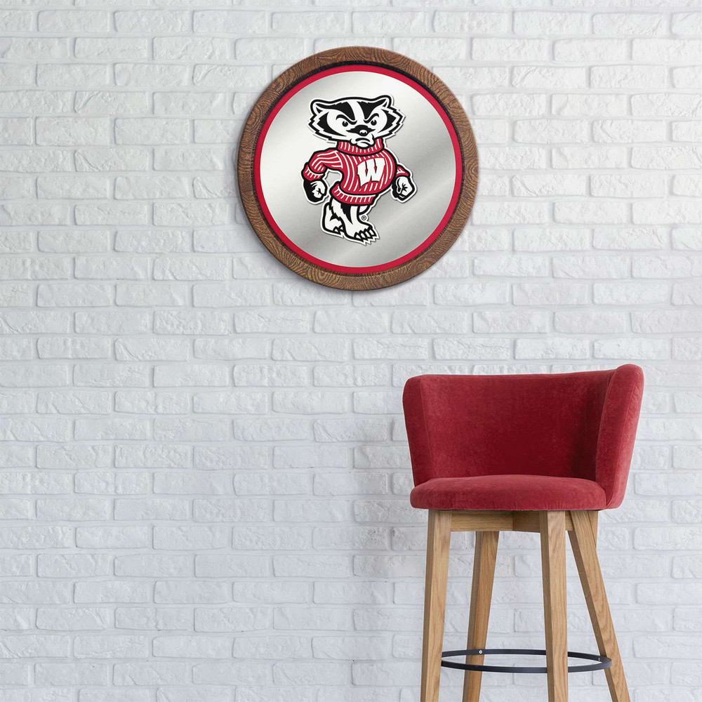Wisconsin Badgers Mascot - Faux Barrel Top Mirrored Wall Sign