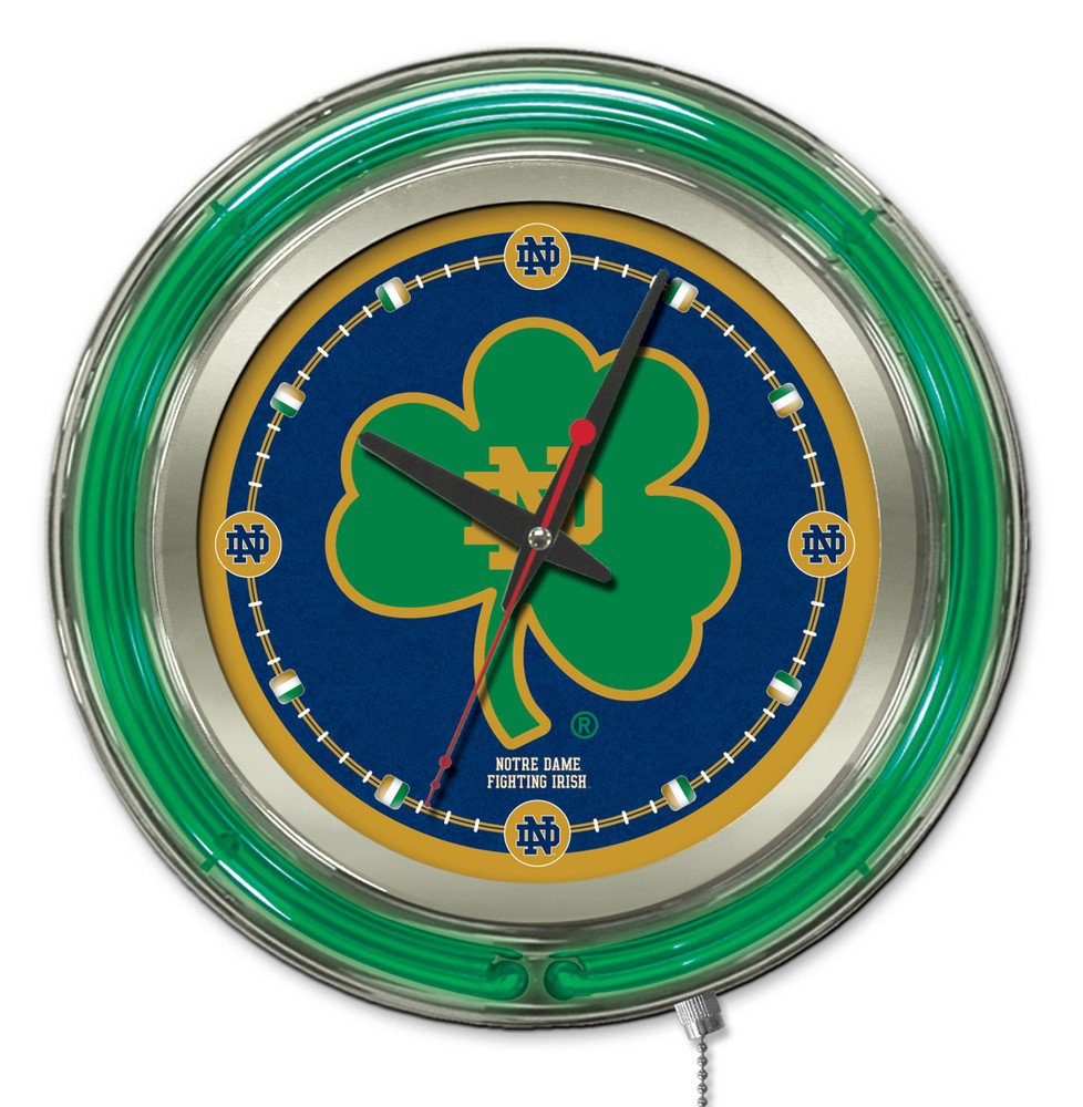 Notre Dame Fighting Irish  Double Neon Wall Clock Shamrock | Holland Bar Stool Co. | Clk15ND-Shm