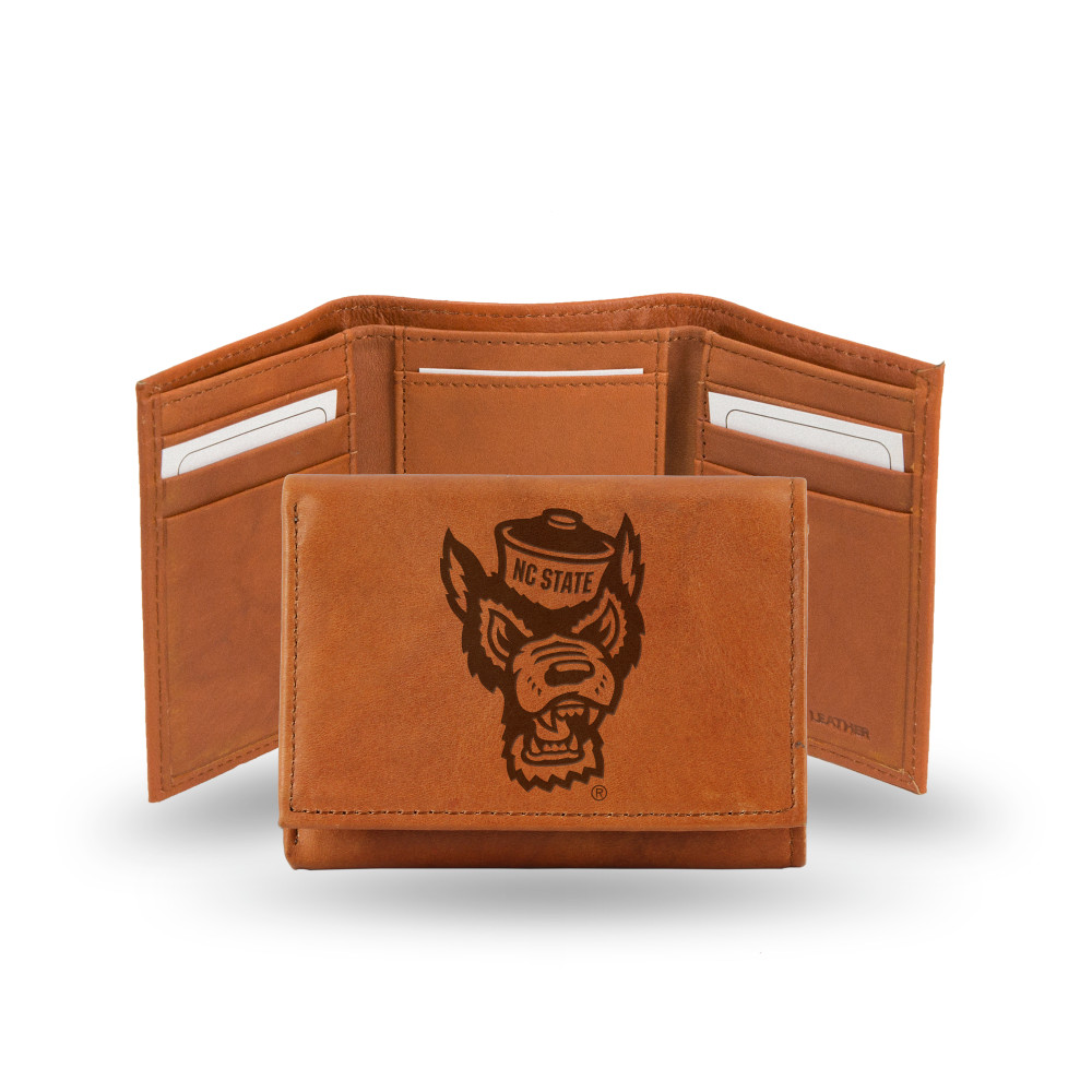 NC State Wolfpack Brown Embossed Genuine Leather Tri-Fold Wallet | Rico Industries | STR130206