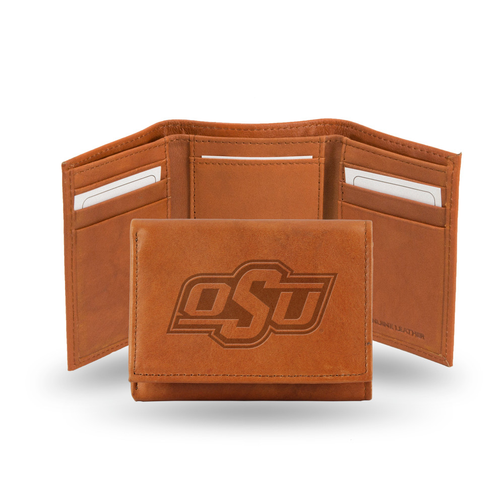 Oklahoma State Cowboys Brown Embossed Genuine Leather Tri-Fold Wallet | Rico Industries | STR230002