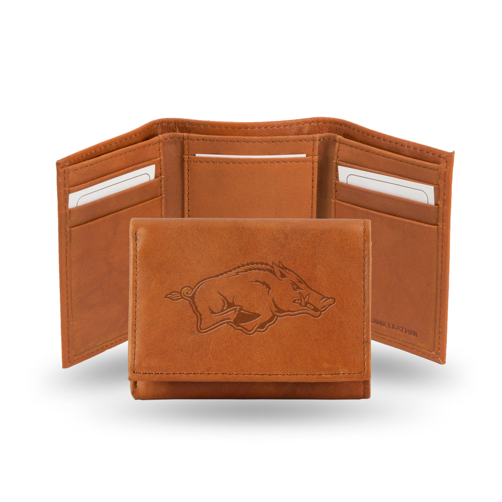 Arkansas Razorbacks Brown Embossed Genuine Leather Tri-Fold Wallet | Rico Industries | STR360101