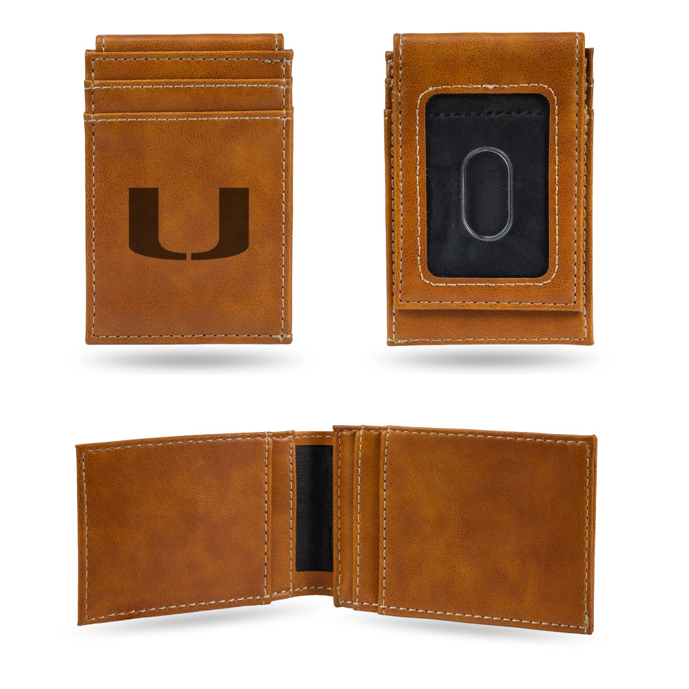 Miami Hurricanes Brown Laser Engraved Front Pocket Wallet  | Rico Industries | LEFPW100301BR