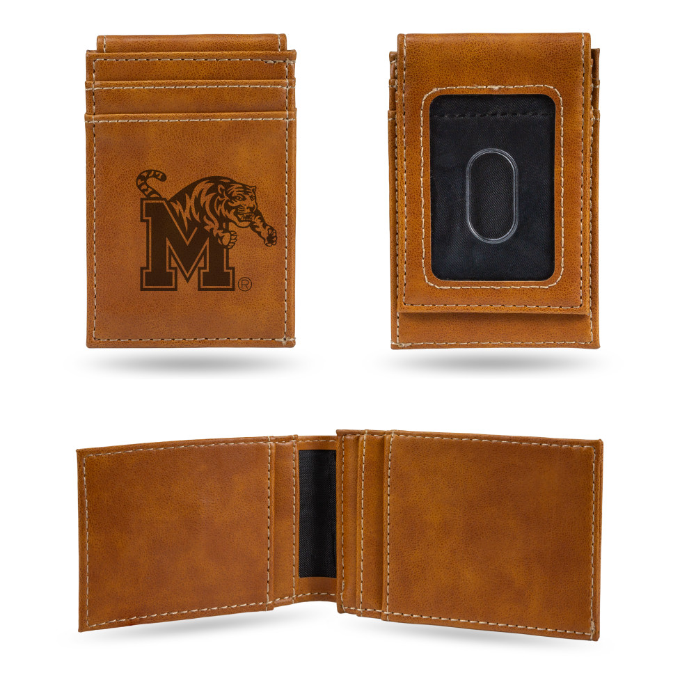 Memphis Tigers Brown Laser Engraved Front Pocket Wallet  | Rico Industries | LEFPW180802BR