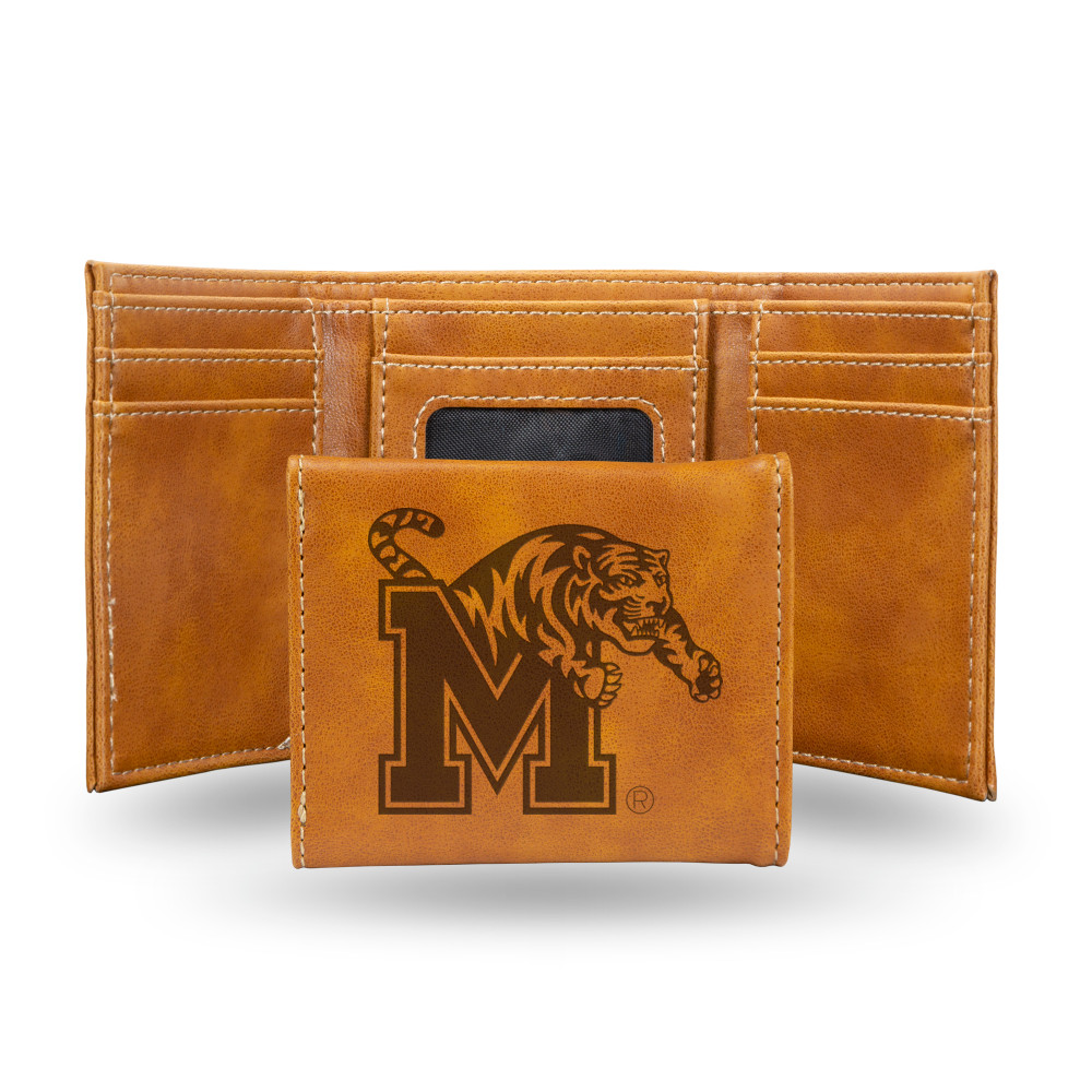 Memphis Tigers Brown Laser Engraved Tri-Fold Wallet | Rico Industries | LETRI180802BR