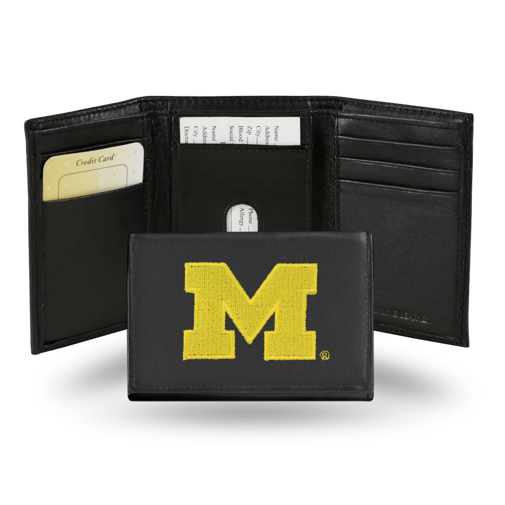 Michigan Wolverines Embroidered Genuine Leather Tri-fold Wallet  | Rico Industries | RTR220002