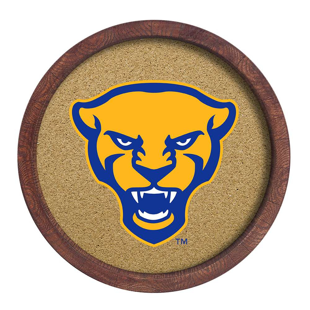 Pittsburgh Panthers: Mascot - "Faux" Barrel Framed Cork Board - Color Logo | The Fan-Brand | NCPITT-632-02A