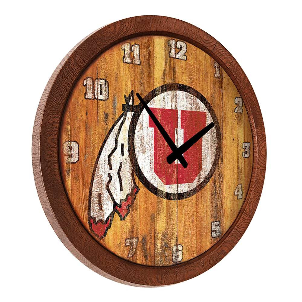 Utah Utes: Weathered "Faux" Barrel Top Wall Clock | The Fan-Brand | NCUTAH-560-03