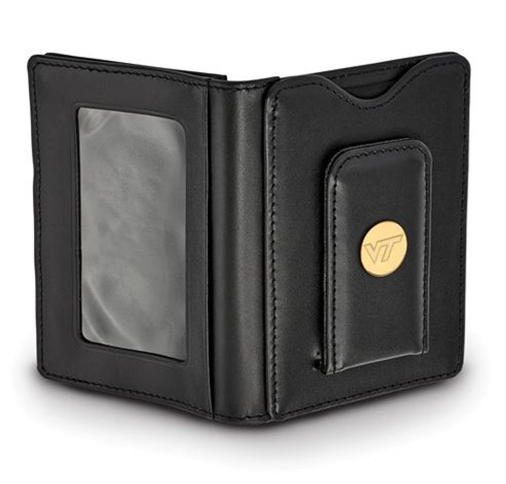 Virginia Tech Sterling Silver Gold Plated Black Leather Wallet | Logo Art | GP071VTE-W1-1