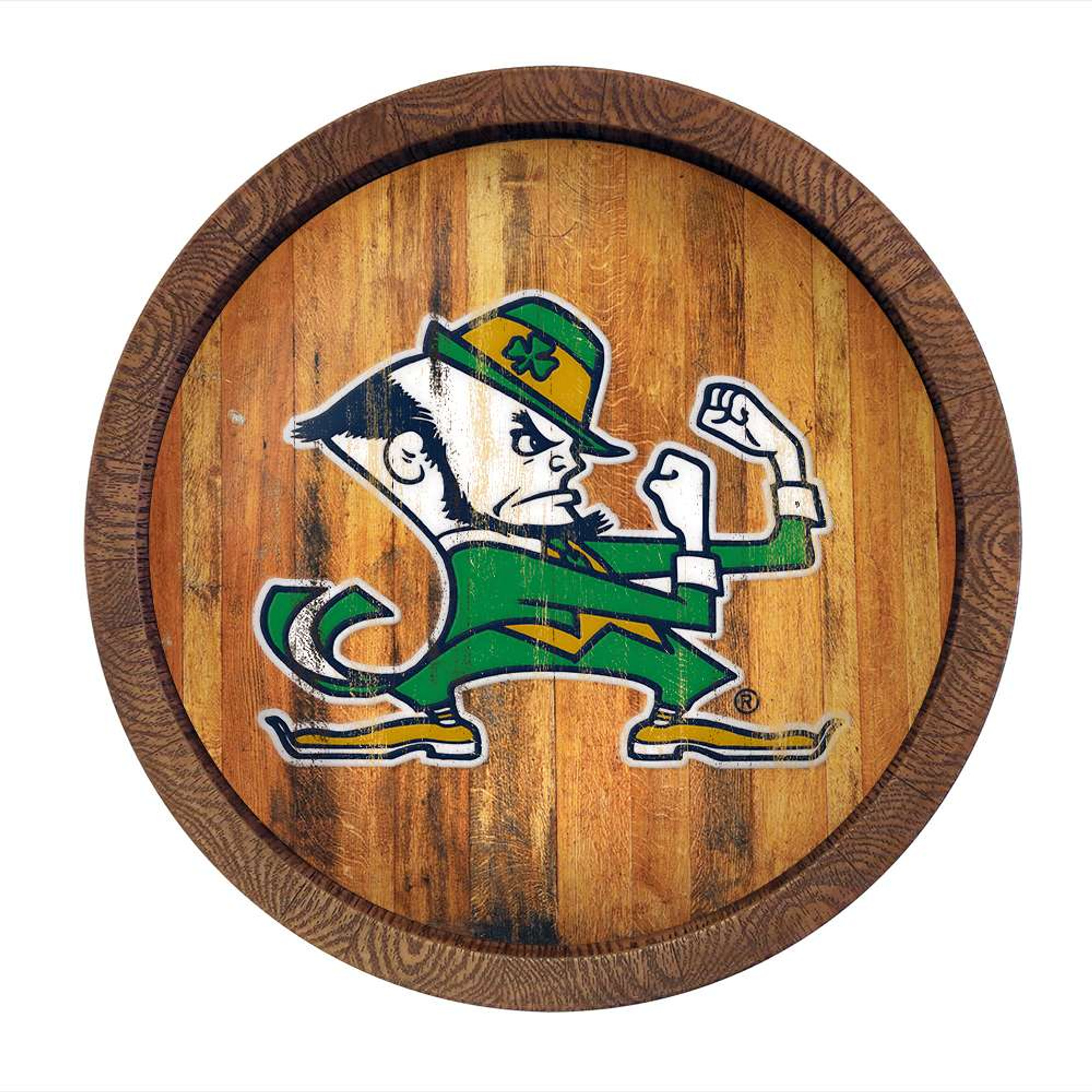 Notre Dame Fighting Irish: Leprechaun - Weathered Faux Barrel Top Sign