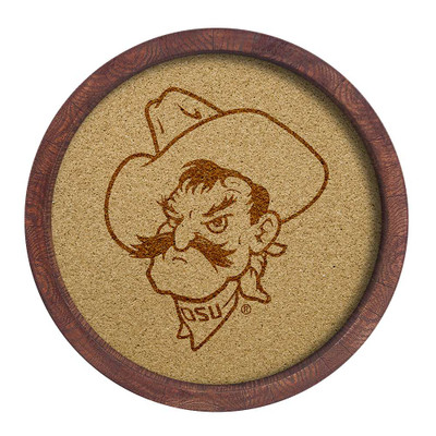 Oklahoma State Cowboys Mascot - Faux Barrel Framed Cork Board - Monochrome Logo | The Fan-Brand | NCOKST-632-02B