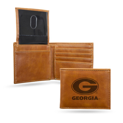 Georgia Bulldogs Brown Laser Engraved Bill-fold Wallet  | Rico Industries | LEBIL110101BR