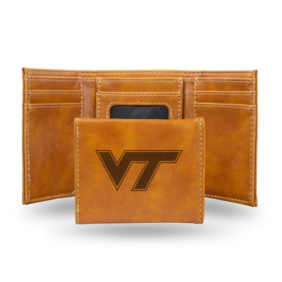 Virginia Tech Hokies Brown Laser Engraved Tri-Fold Wallet | Rico Industries | LETRI340201BR