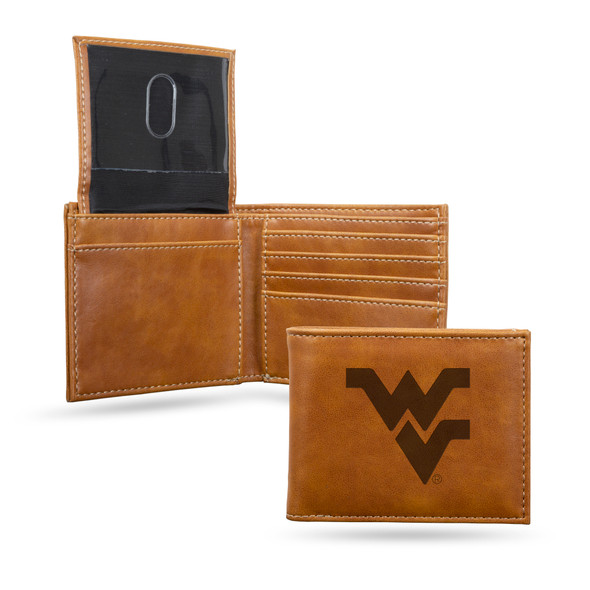 West Virginia Mountaineers Brown Laser Engraved Bill-fold Wallet  | Rico Industries | LEBIL280101BR
