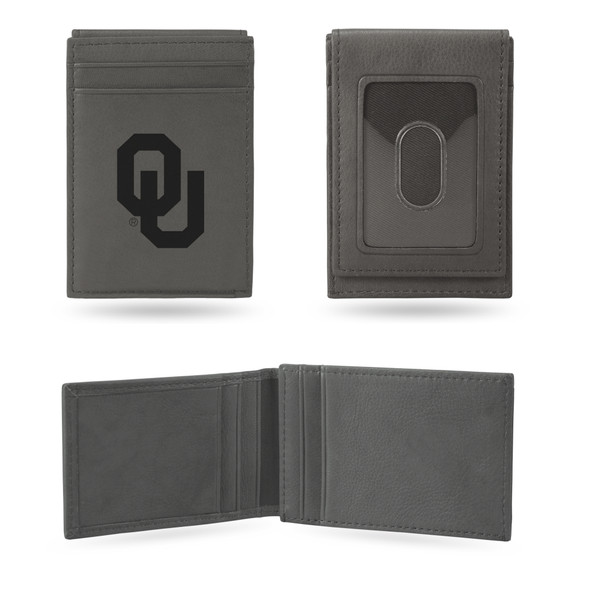 Oklahoma Sooners Gray Laser Engraved Front Pocket Wallet  | Rico Industries | LEFPW230201GY