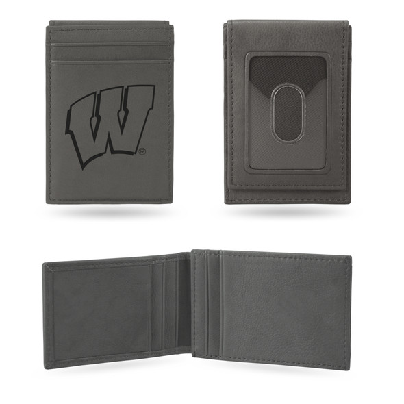 Wisconsin Badgers Gray Laser Engraved Front Pocket Wallet  | Rico Industries | LEFPW450101GY