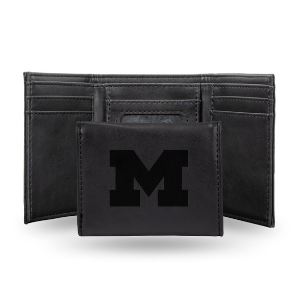 Michigan Wolverines Black Laser Engraved Tri-Fold Wallet | Rico Industries | LETRI220001BK
