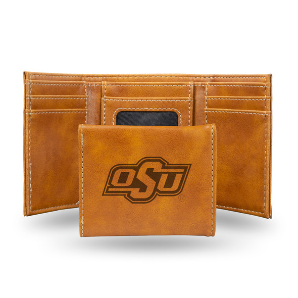 Oklahoma State Cowboys Brown Laser Engraved Tri-Fold Wallet | Rico Industries | LETRI230001BR