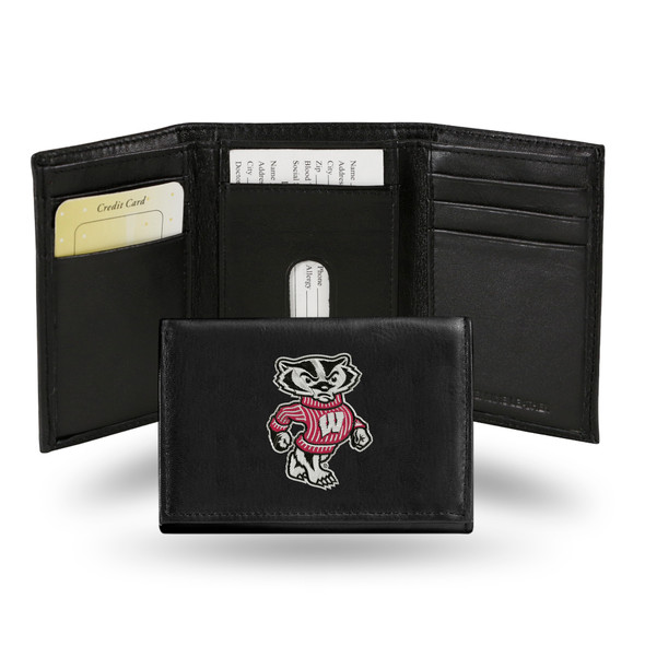 Wisconsin Badgers Standard Embroidered Genuine Leather Tri-fold Wallet  | Rico Industries | RTR450102 Wisconsin Badgers Standard Embroidered Genuine Leather Tri-fold Wallet  | Rico Industries | RTR450102