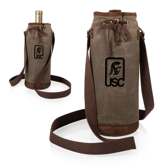 USC Trojans Waxed Canvas Wine Tote - Black Logo | Picnic Time | 621-00-140-094-0
