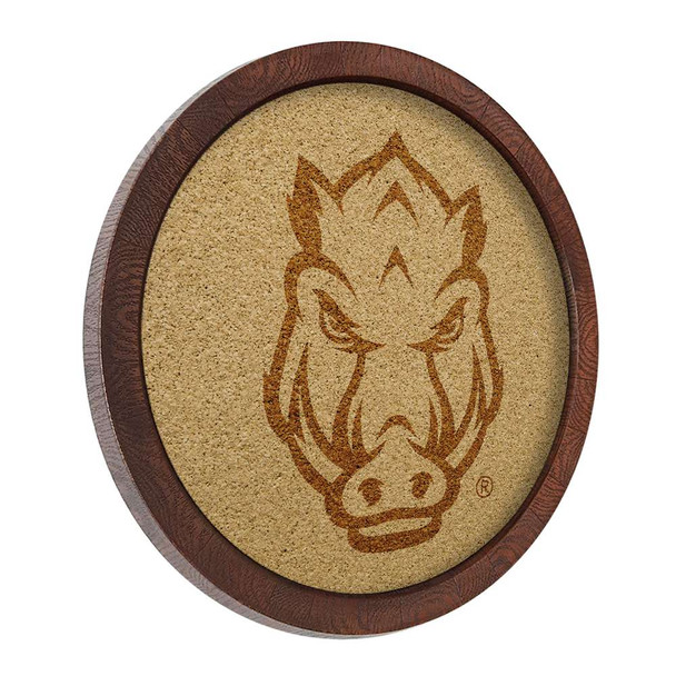 Arkansas Razorbacks Tusk - Faux Barrel Framed Cork Board - Monochrome Logo