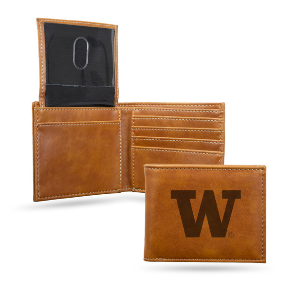 Washington Huskies Brown Laser Engraved Bill-fold Wallet  | Rico Industries | LEBIL490201BR