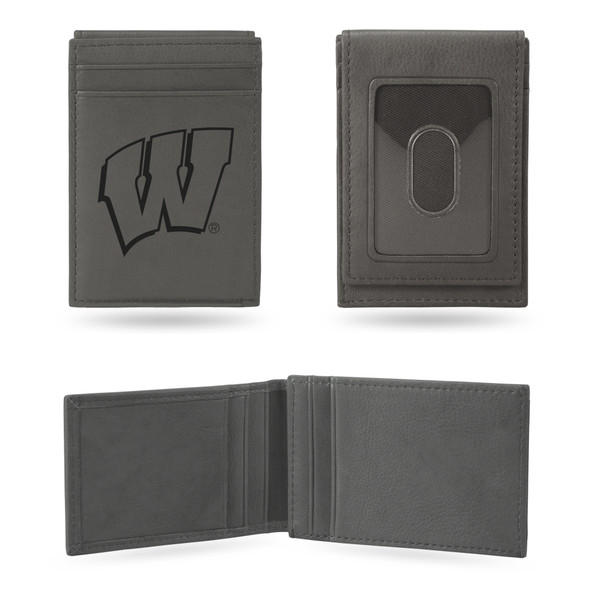 Wisconsin Badgers Gray Laser Engraved Front Pocket Wallet  | Rico Industries | LEFPW450101GY