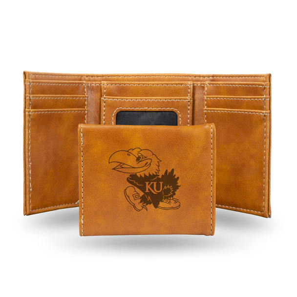 Kansas Jayhawks Brown Laser Engraved Tri-Fold Wallet | Rico Industries | LETRI310101BR