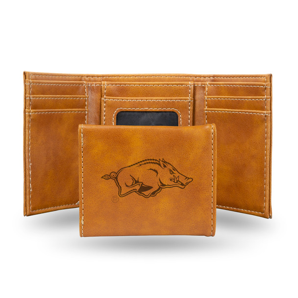 Arkansas Razorbacks Brown Laser Engraved Tri-Fold Wallet | Rico Industries | LETRI360101BR