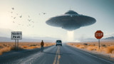 Flying Saucer Above a Road to the Horizon