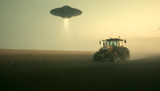 Flying Saucer over a Farm Field with Tractor