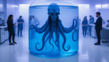 Scientists and Sentient Octopus in Aquarium